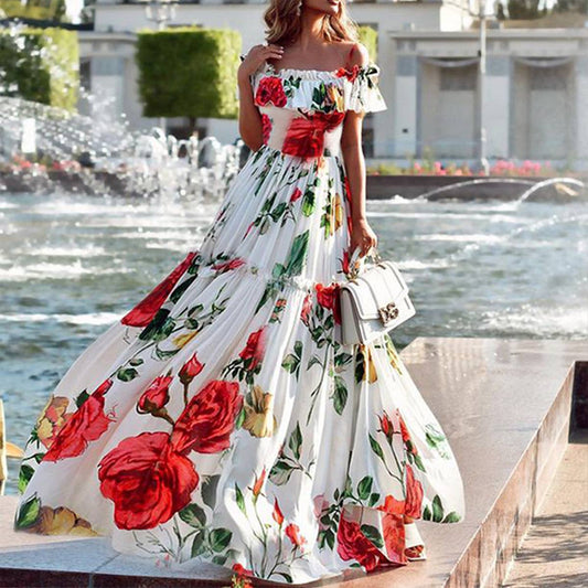 STYLISH OFF THE SHOULDER PRINT HOLIDAY MAXI DRESS_CWDMD1319