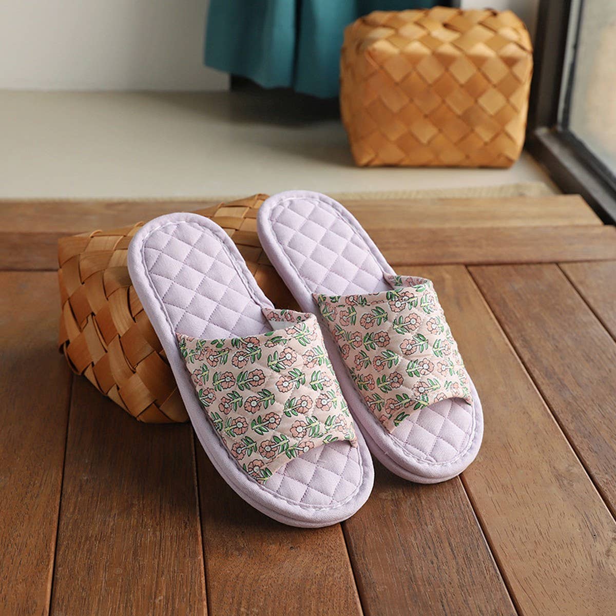Floral Cotton Linen Slippers with Soft Sole
