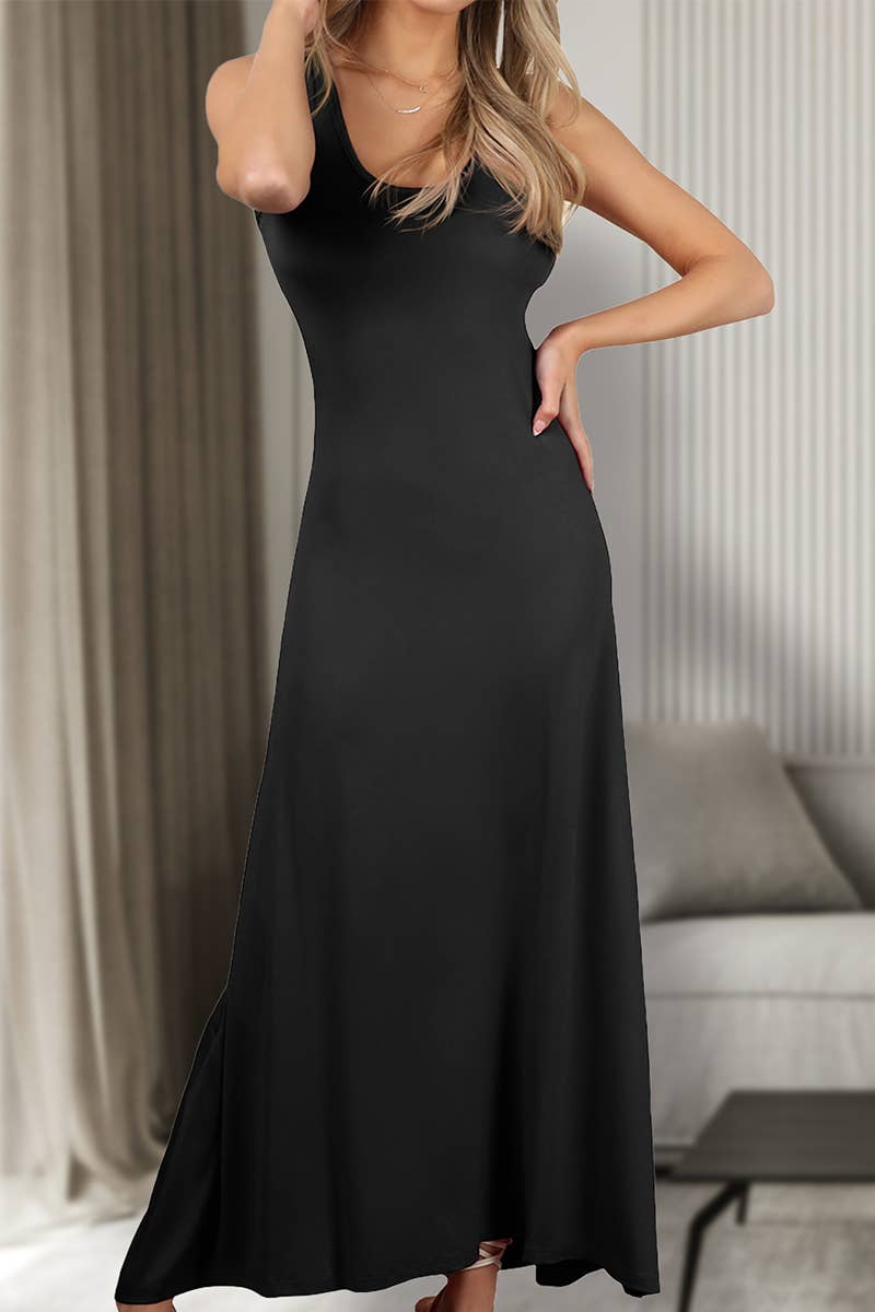 AWDMD281_SLEEVELESS VEST SOLID COLOR KNITTED LONG DRESS