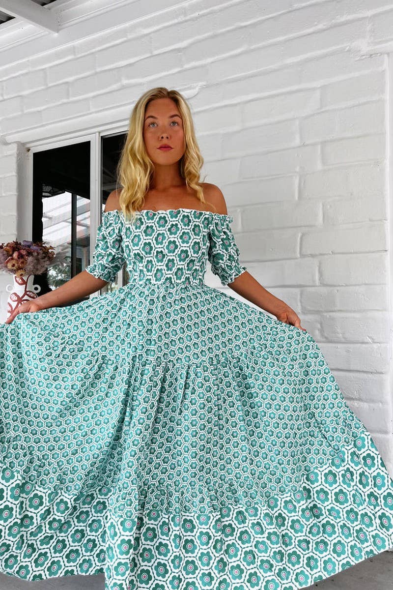 CWDMD5185_FLORAL PUFF SLEEVE OFF-SHOULDER FLARED DRESS