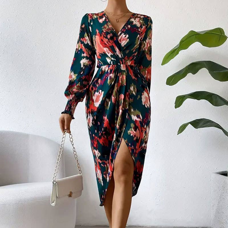 SLIM WRAP DRESS WITH LANTERN SLEEVES CROSS COLLAR