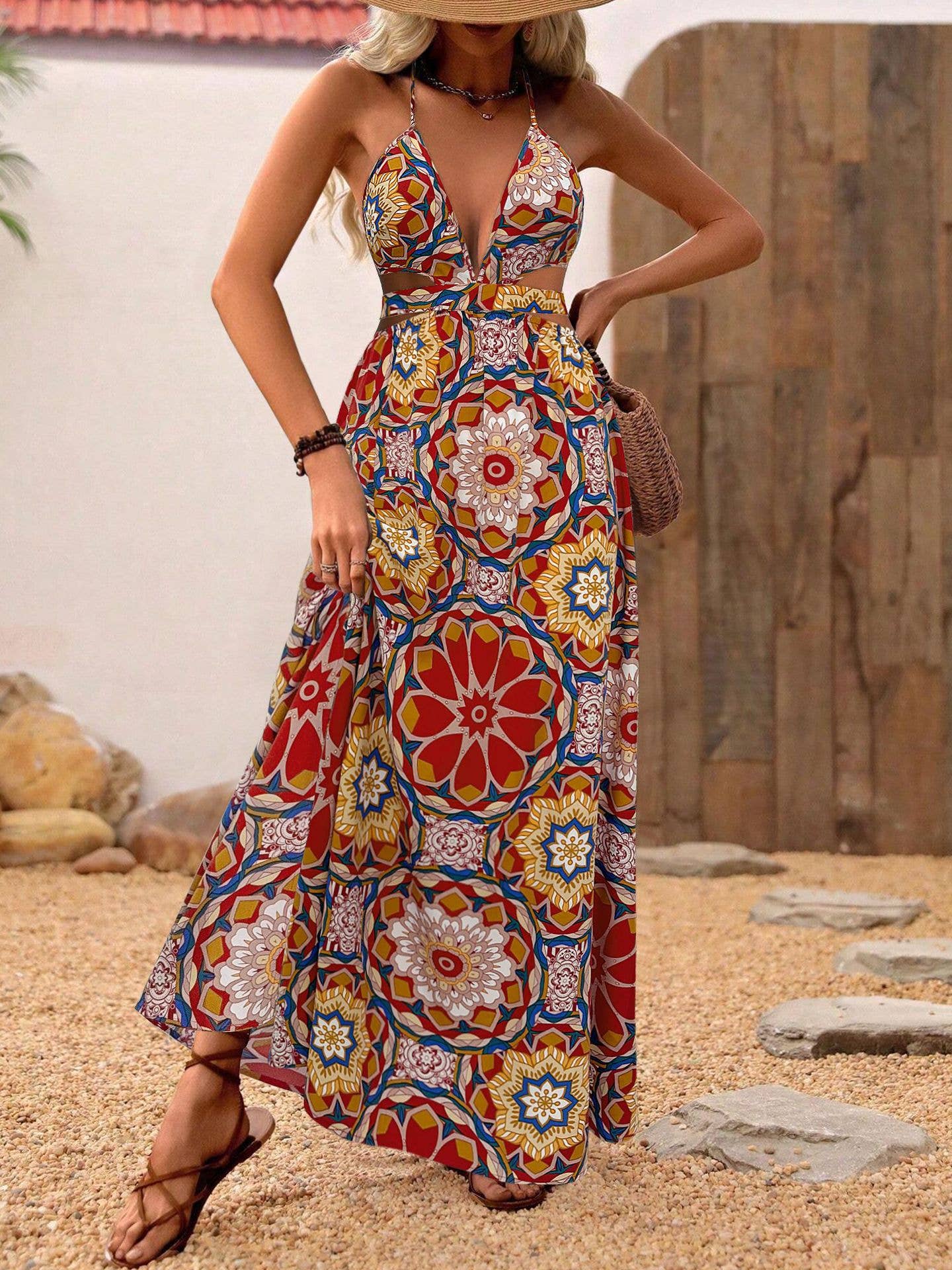 Sexy V-neck backless holiday halter print dress