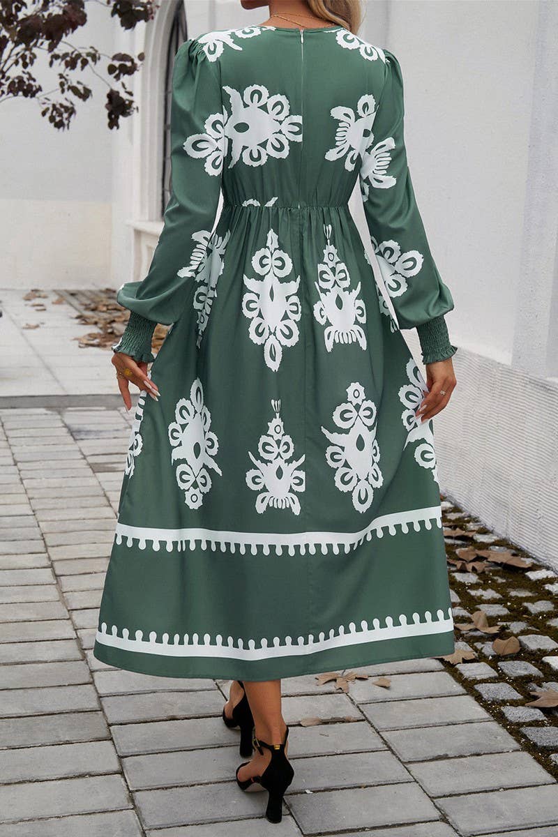 CWDMD4866_V-NECK ELEGANT CONTRAST COLOR LONG SLEEVE DRESS