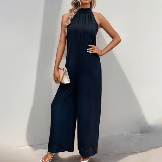 Solid color wide-leg romper with casual high neck