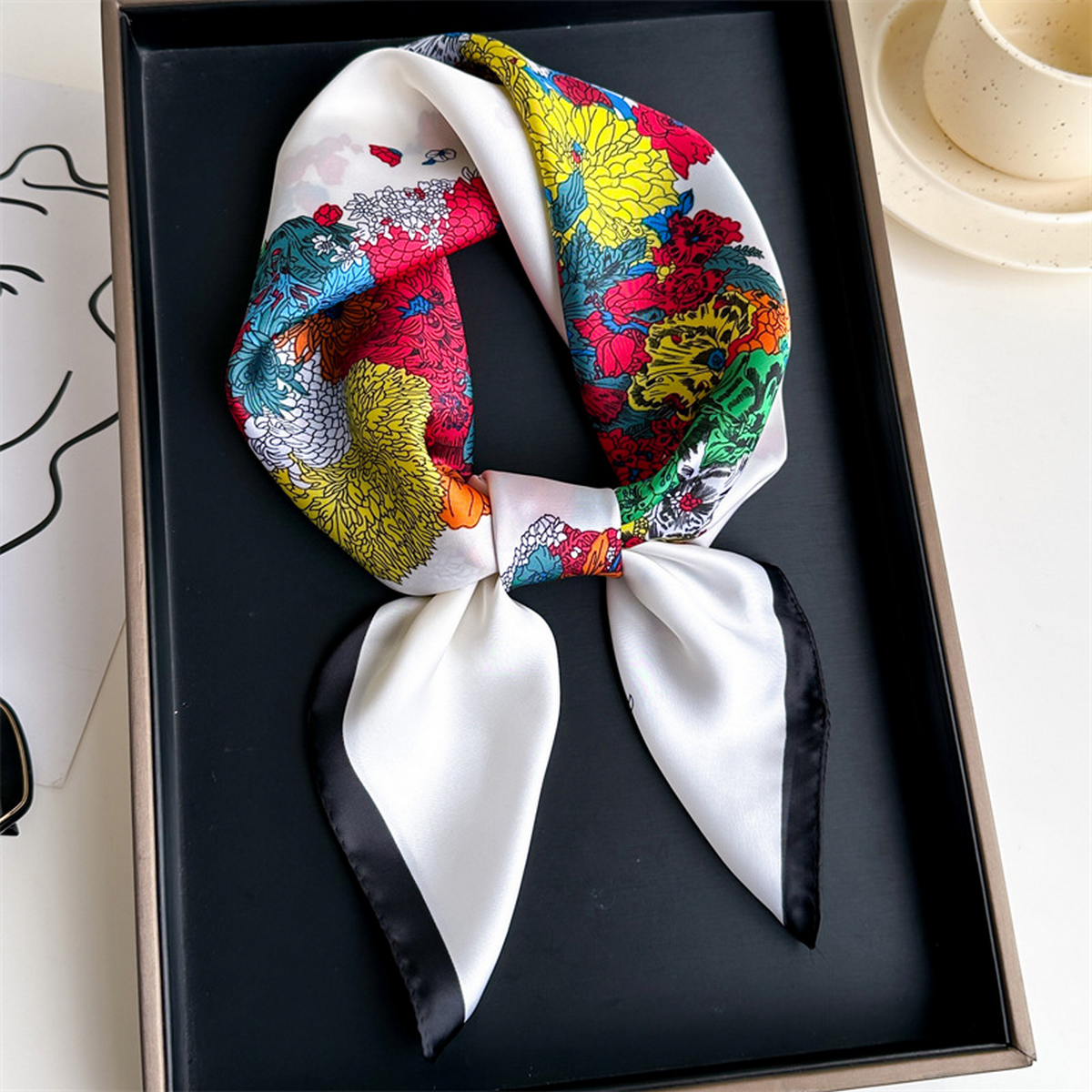 Lily Print Satin Square Scarf for Summer Sun