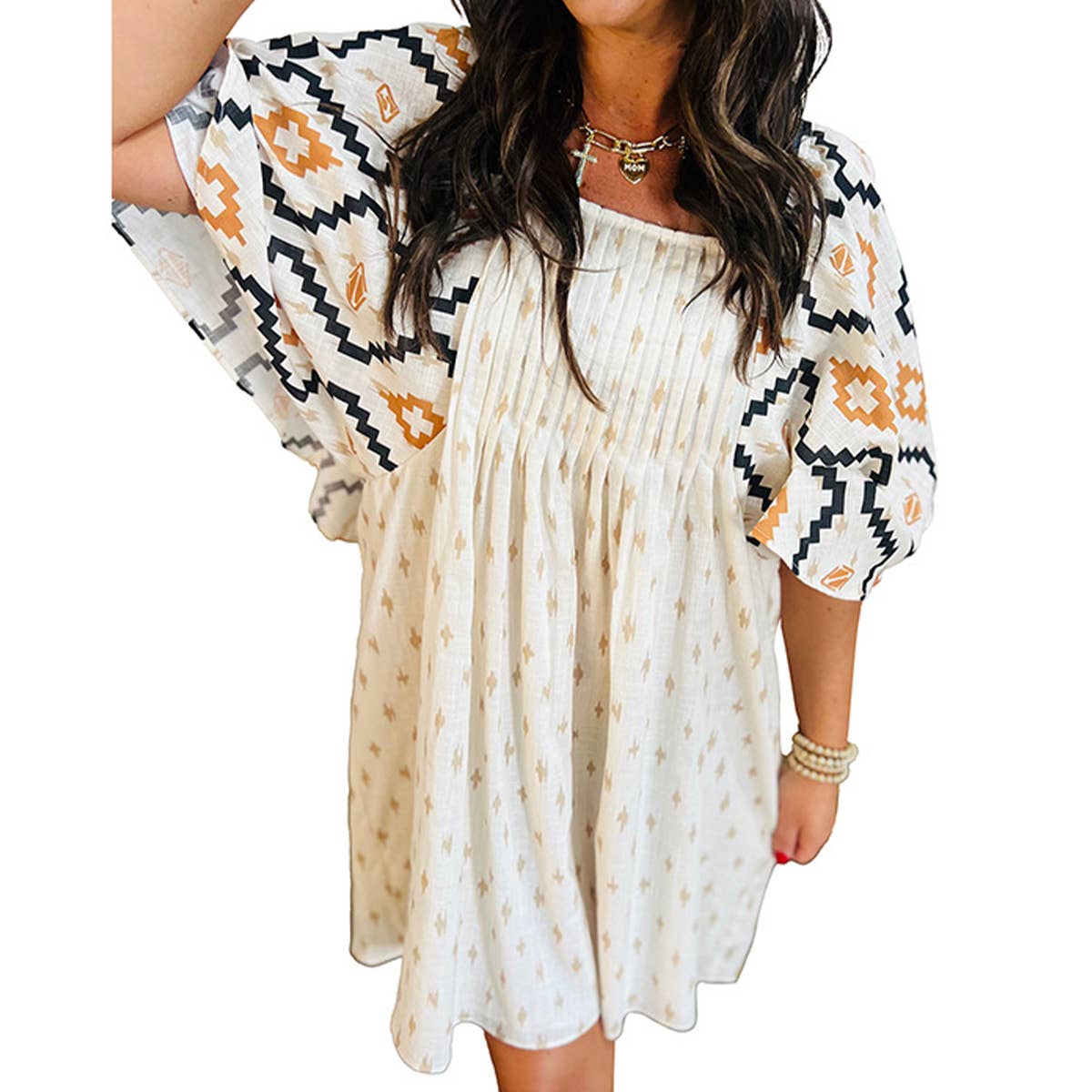 Pullover fashion print pleated short dress