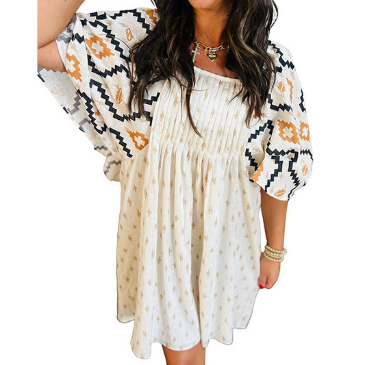 Pullover fashion print pleated short dress