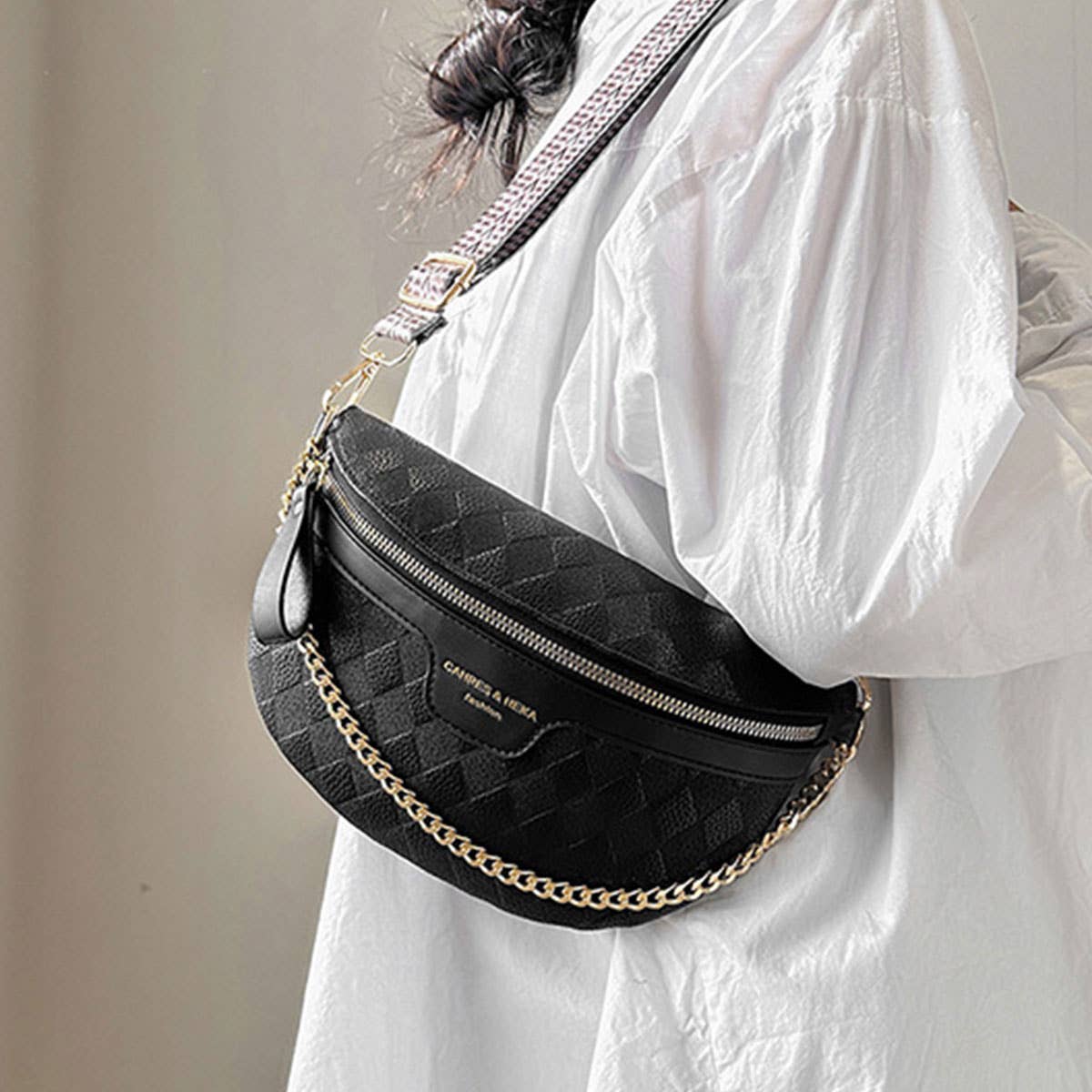 Checkered Chain Strap PU Crossbody Chest Bag_CWAB0911