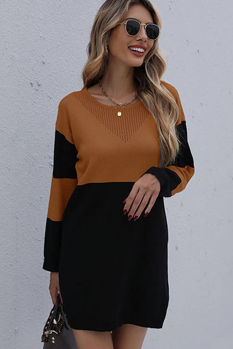 CWDSD7051_ROUND NECK LOOSE KNITTED PATCHWORK SWEATER DRESS