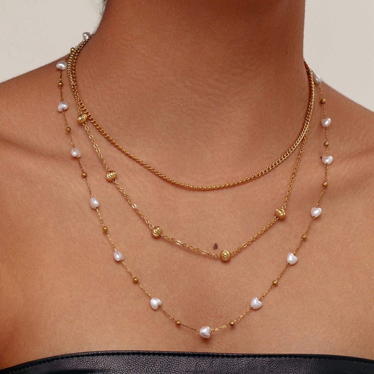 HEART IMITATION PEARL SWEATER CHAIN NECKLACE
