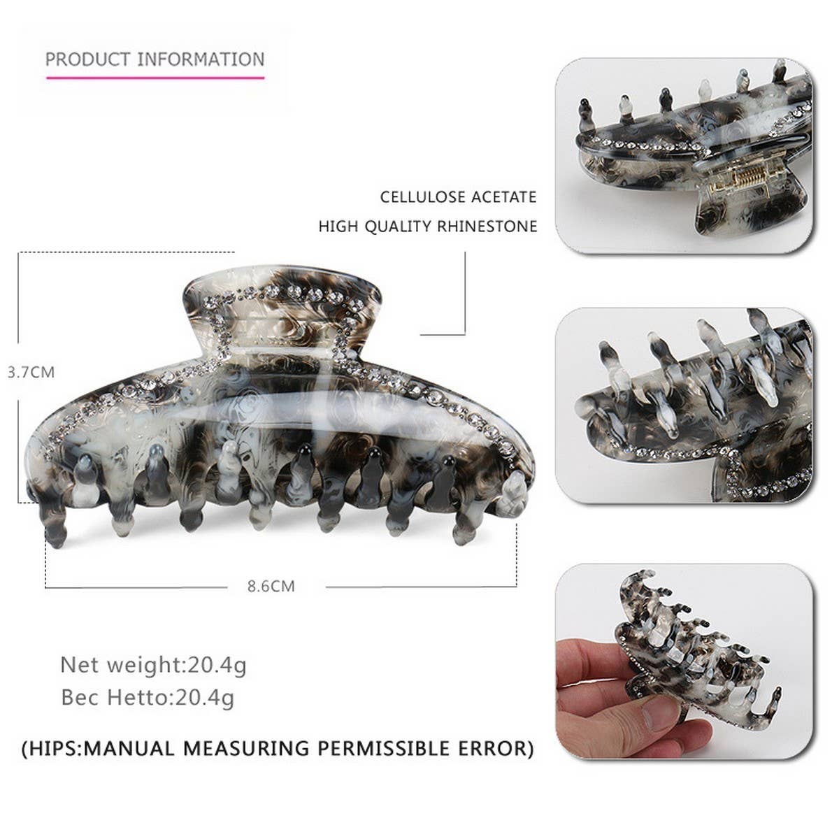 French Retro Hair Claw, Rhinestone Ponytail Clip