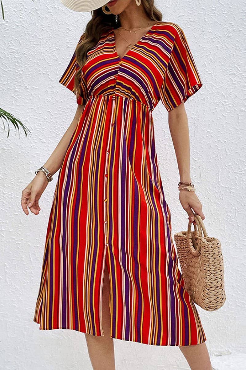 CWDMD4680_COLORFUL STRIPED V-NECK CASUAL HIGH WAIST DRESS