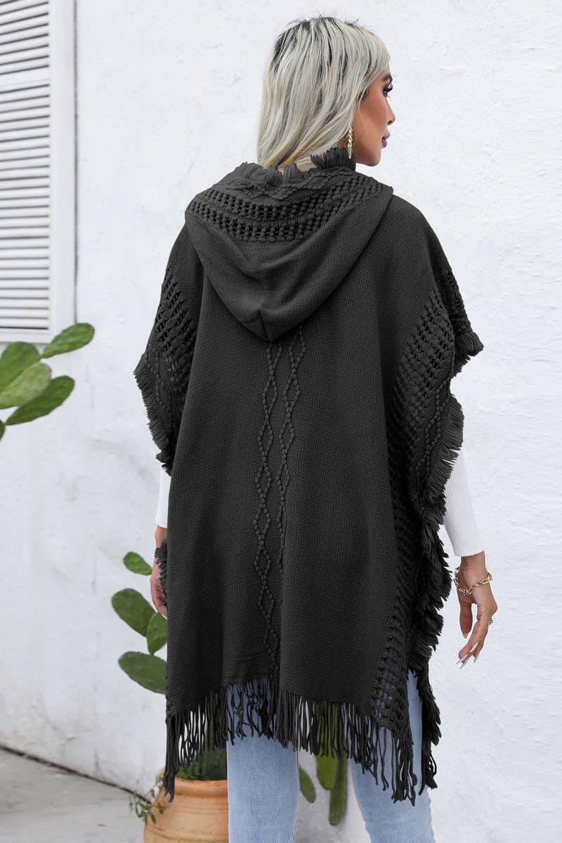 CWOSWL6438_V-NECK FRINGED HOODED MID-LENGTH CAPE KNITTED TOP