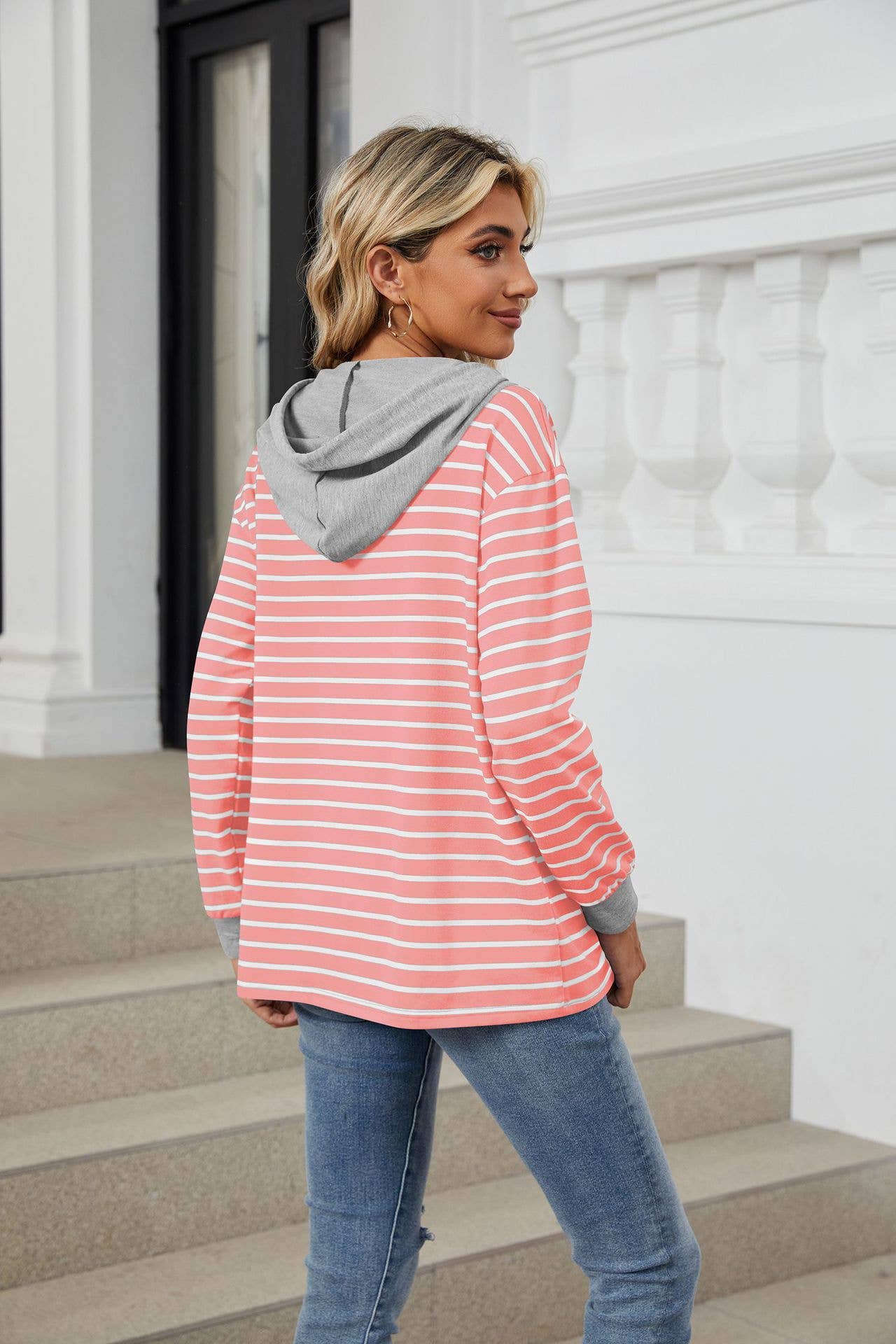 Striped hooded long-sleeved loose sweatshirt