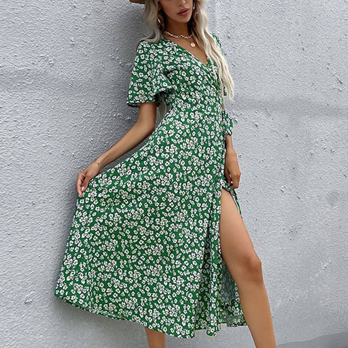 SLIT SLIM-FIT PRINT LONG DRESS WITH LACE-UP