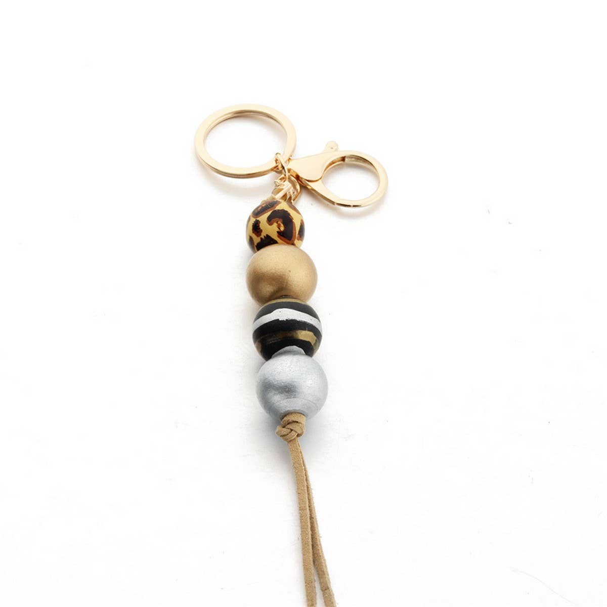 Leopard Wood Bead Keychain with Mini Tassel