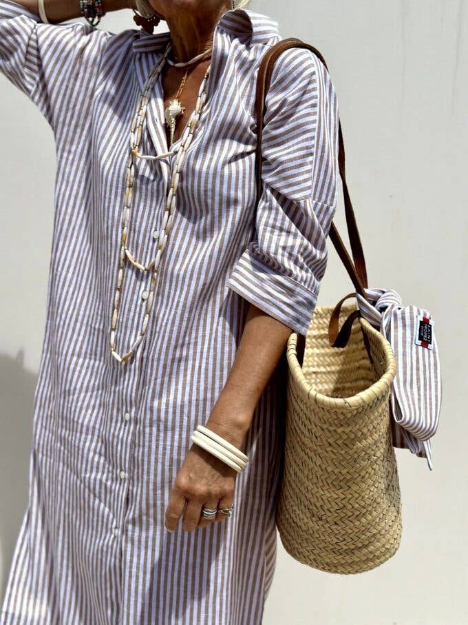 FIVE-QUARTER SLEEVE STRIPED SHIRT DRESS