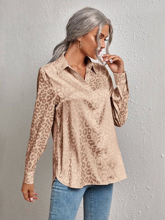Lapel open button leopard print jacquard shirt