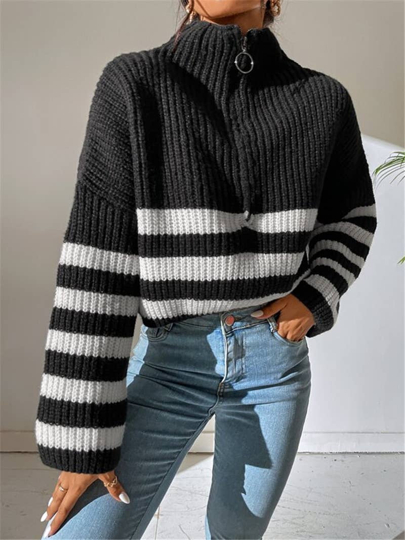 Striped color-blocking stand-up knitted sweater