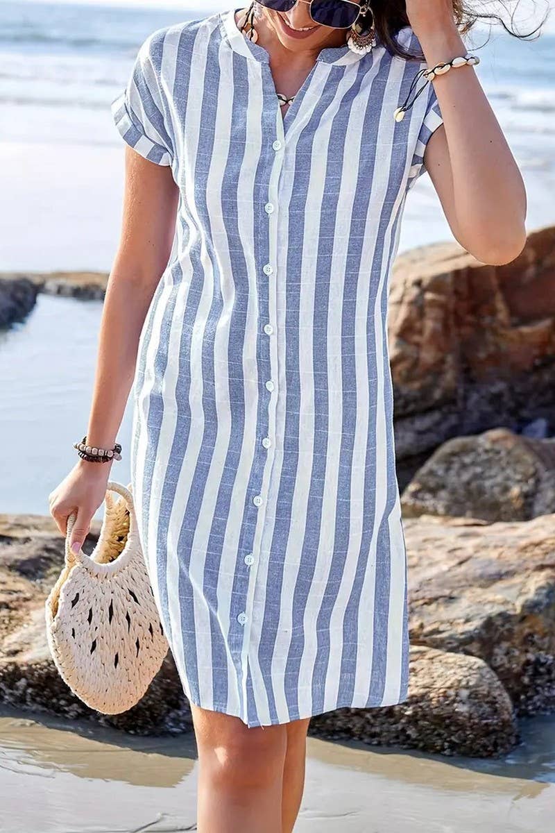 CWDMD5586_ELEGANT WOMEN'S STRIPED V NECK MIDI DRESS