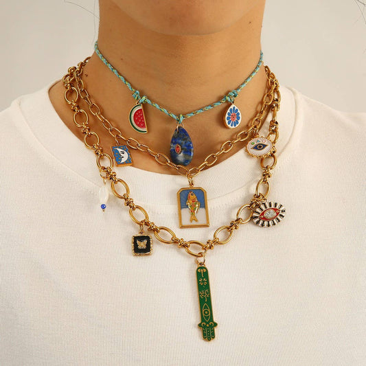 18K Steel Fatima Hand Necklace with Fish Eye_CWMM8859