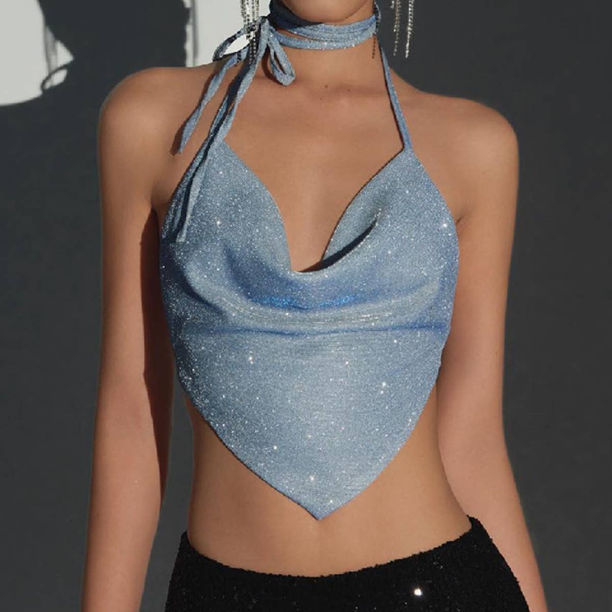 Sparkling diamond halter top,slim-fit vest