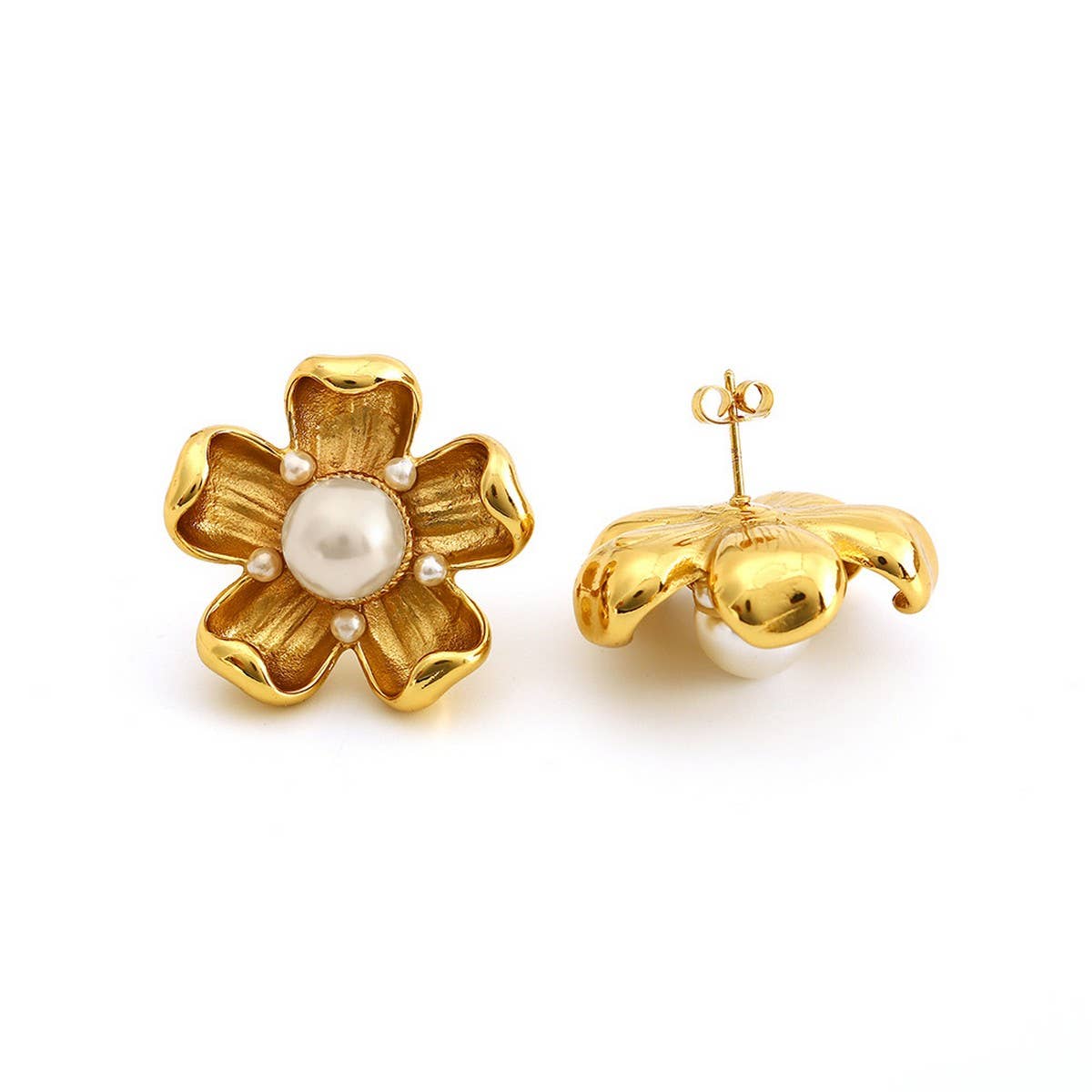 Vintage Style Pearl Titanium Steel Flower Earrings
