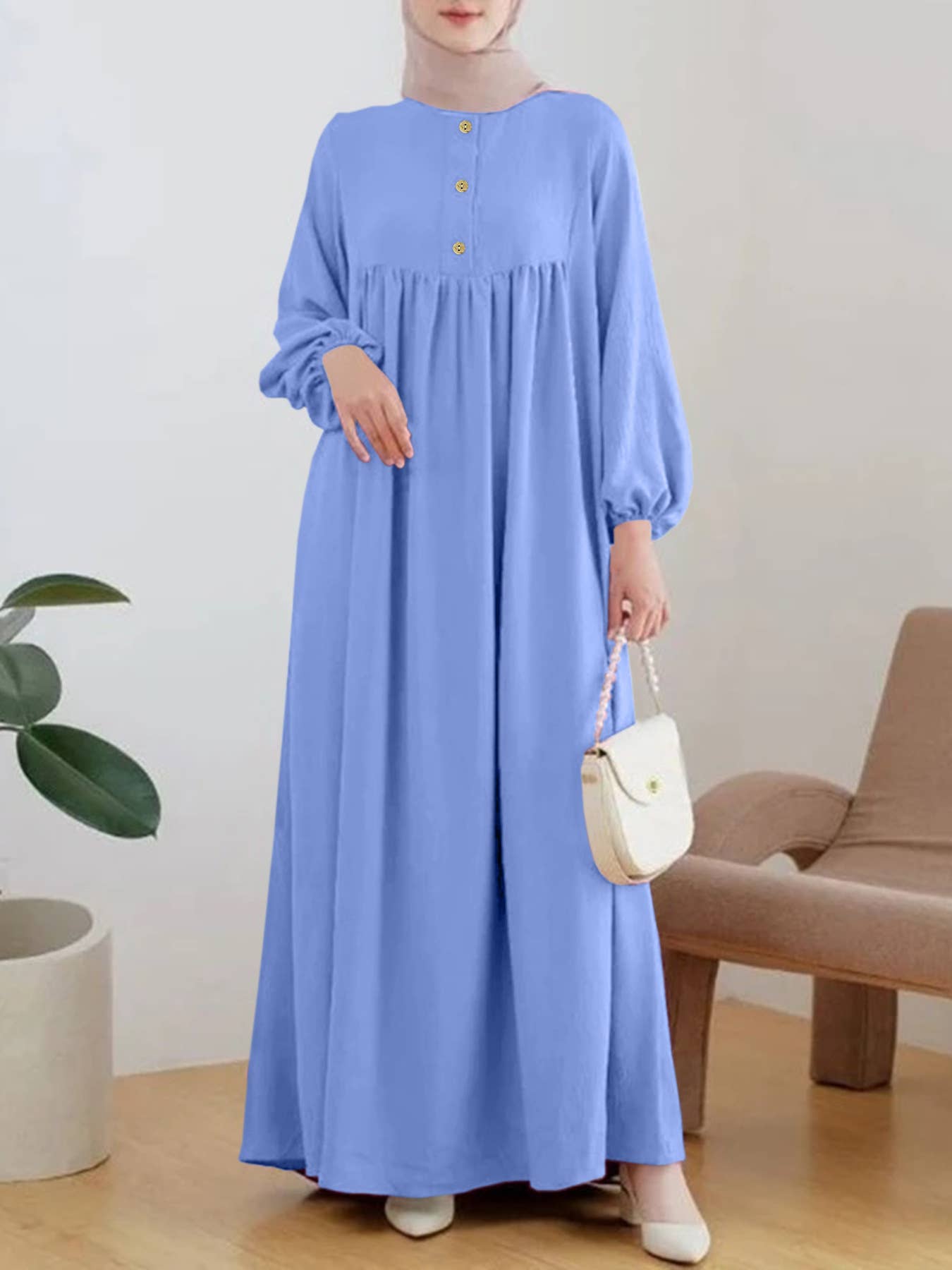Fashion puffed-sleeve loose solid-color dress