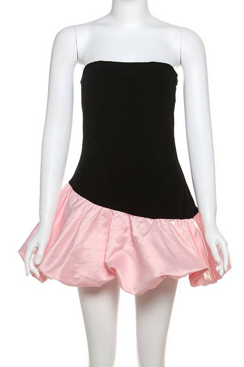 CWDSD8902_ELEGANT TUBE-TOP SLEEVELESS PATCHWORK PUFFY DRESS