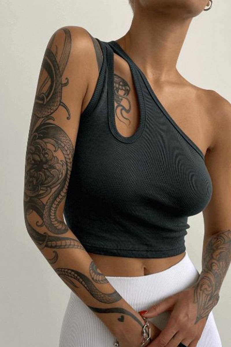 SLANT SHOULDER SLIM CROP CUTOUT SLEEVELESS TOP_CWTTK0309