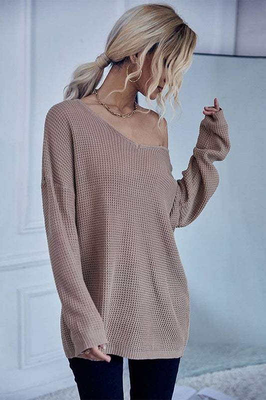 Cwttl1953_Early Autumn Casual Loose V-Neck Chunky Sweater