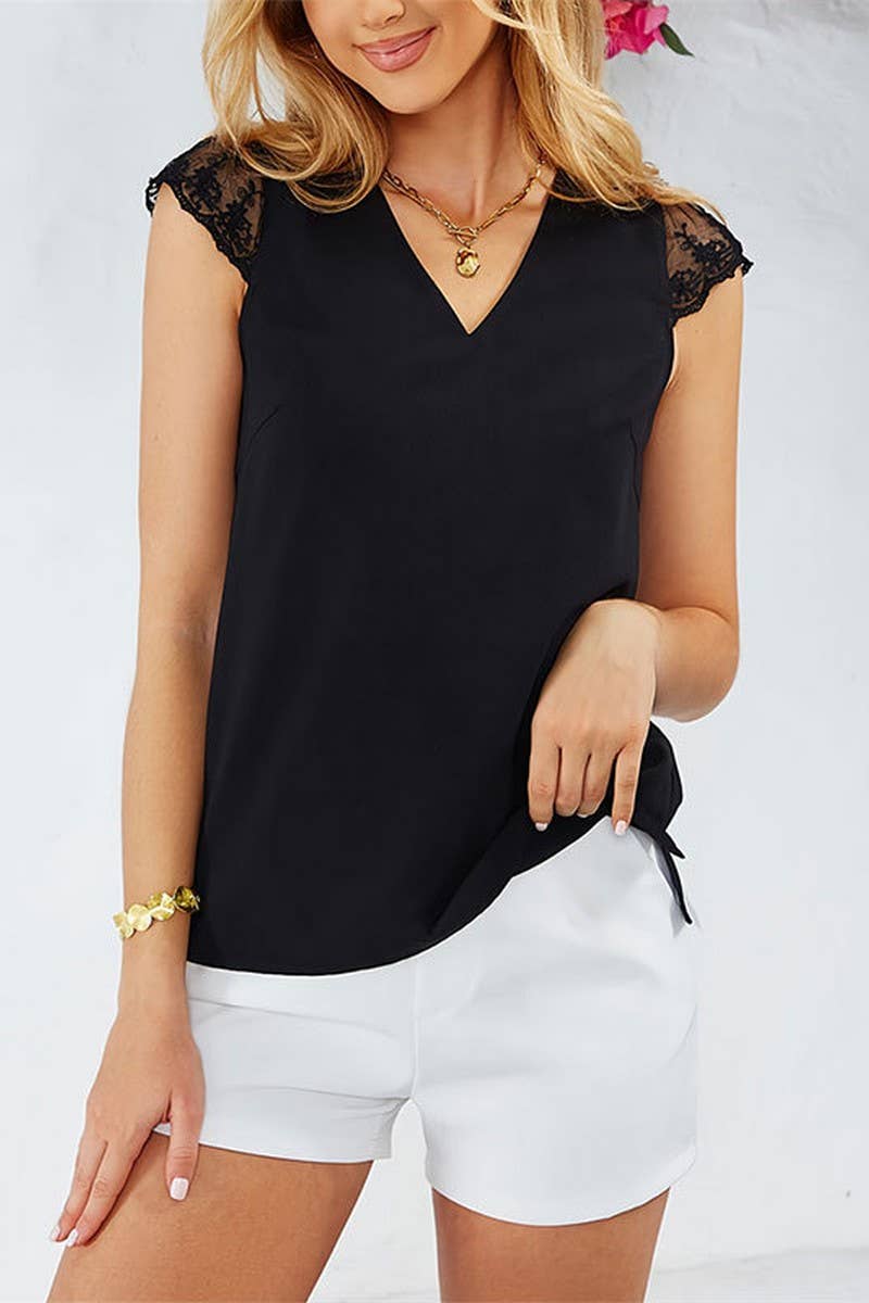 Cwttsl0344_Summer Bow Tie Lace Patchwork Sleeveless T-Shirt