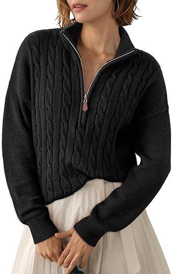 Semi-high neck zipper ribbed twist knit sweater