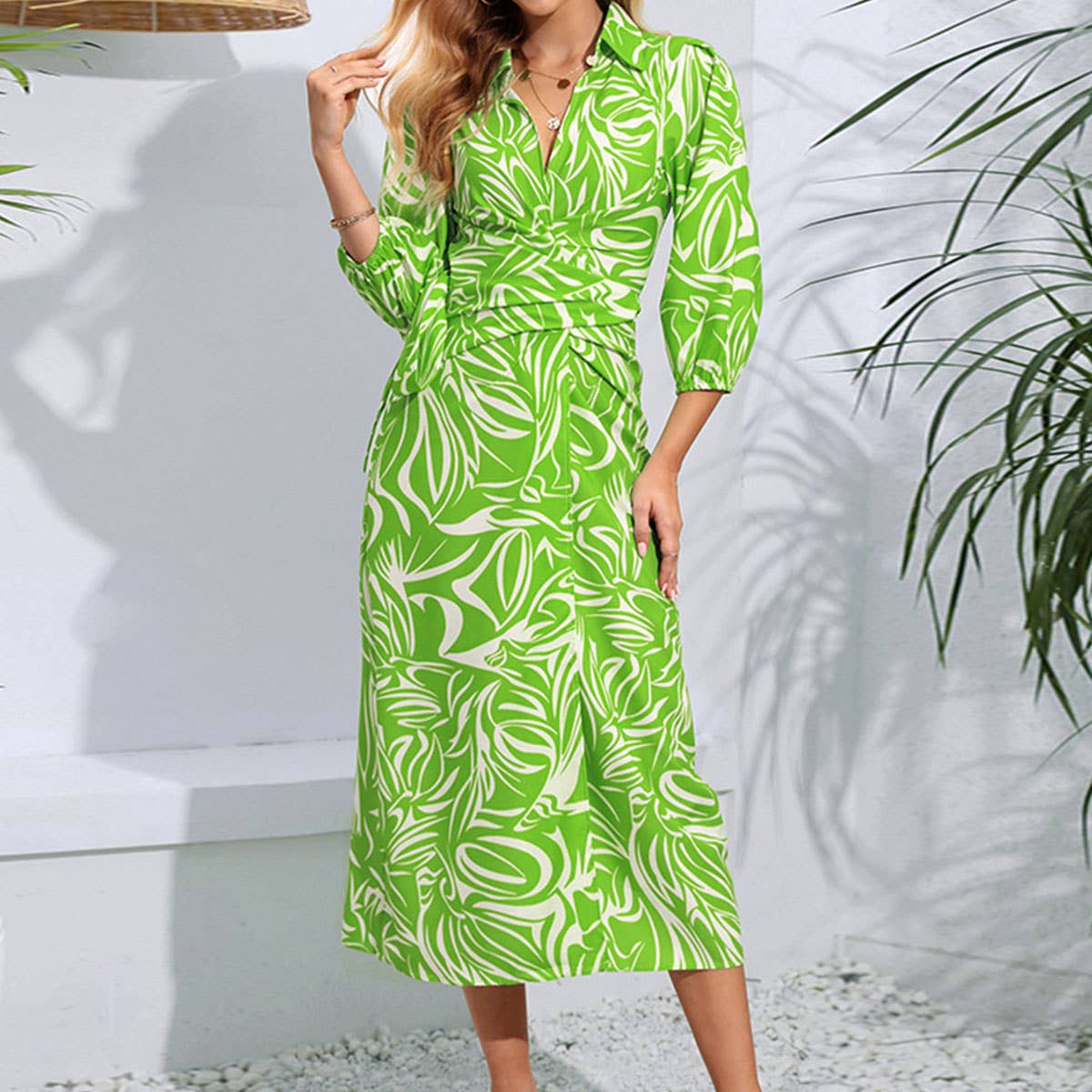 V-neck tie abstract printed long-sleeved dress