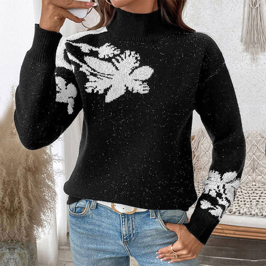 Half Turtleneck Floral Jacquard Casual Pullover