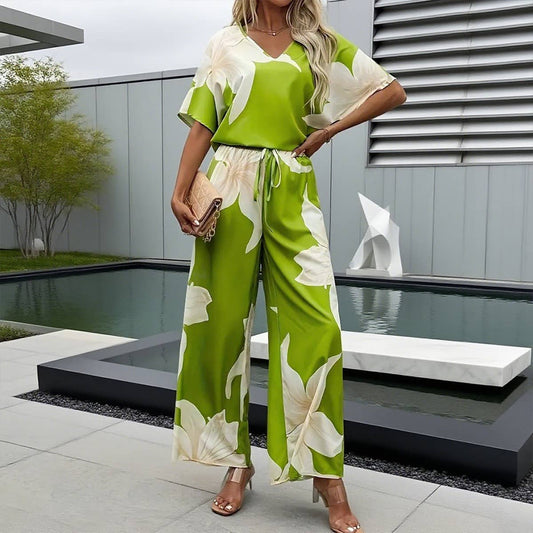 Printed fashion casual Top and long pants set