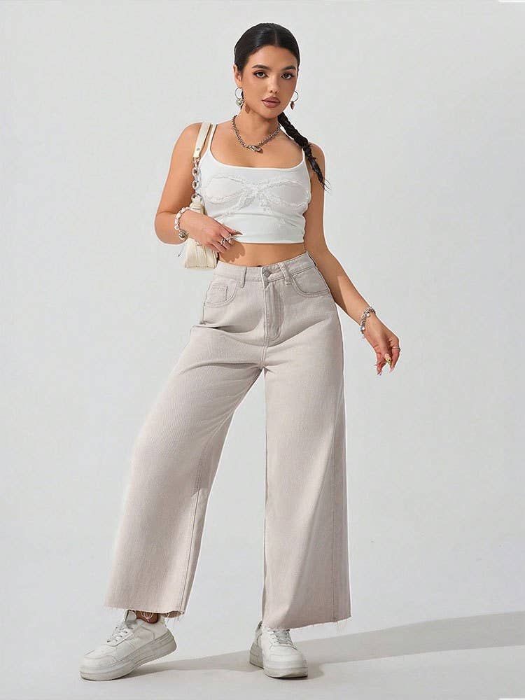 High-waisted straight-leg wide-leg fringed jeans