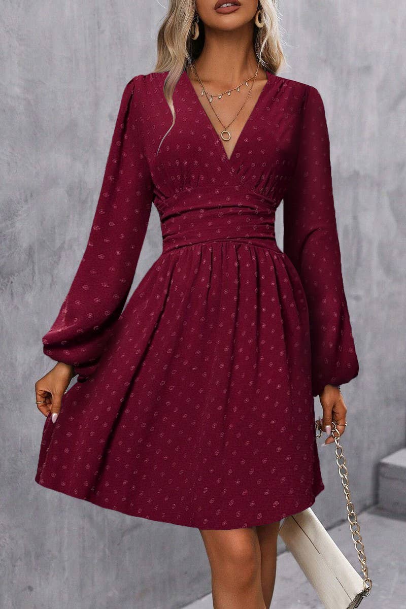 CWDSD6427_JACQUARD V-NECK LANTERN SLEEVE DRESS