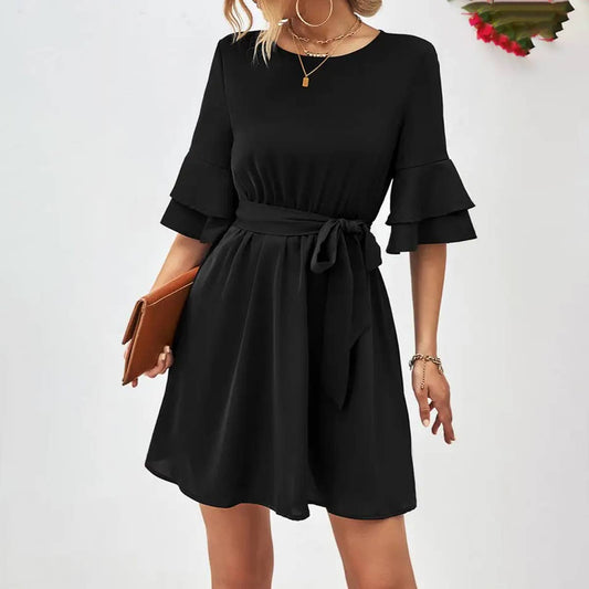 FLARED LOTUS LEAF SLEEVE SOLID COLOR DRESS_CWDSD2639