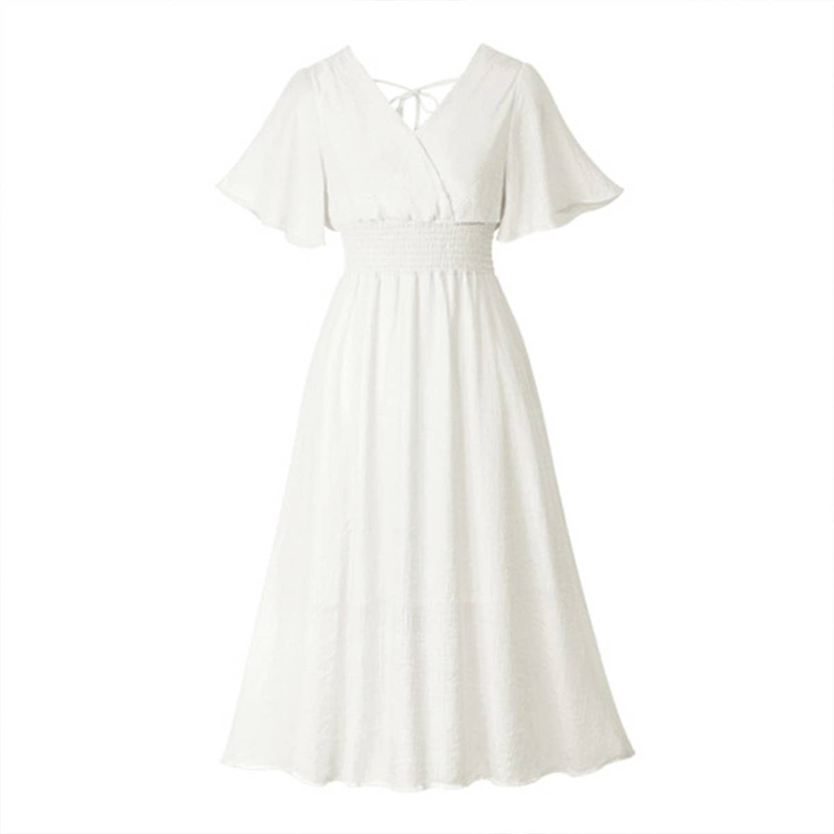 SOLID COLOR V-NECK DRESS WITH WAIST FLYING SLEEVES