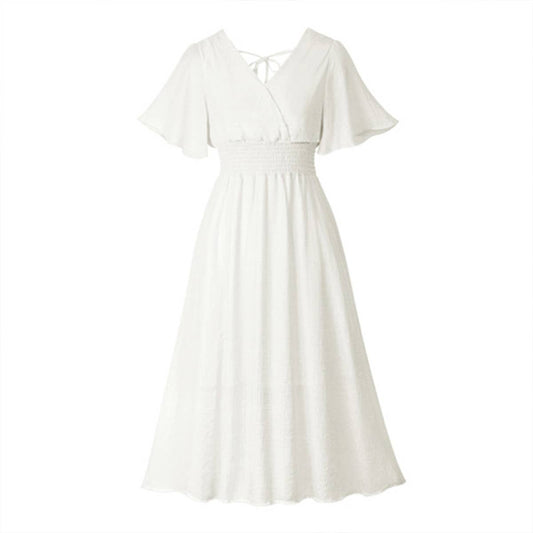 SOLID COLOR V-NECK DRESS WITH WAIST FLYING SLEEVES