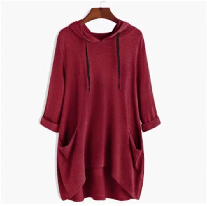 HOODED SOLID COLOR BAGGY IRREGULAR POCKET TOP