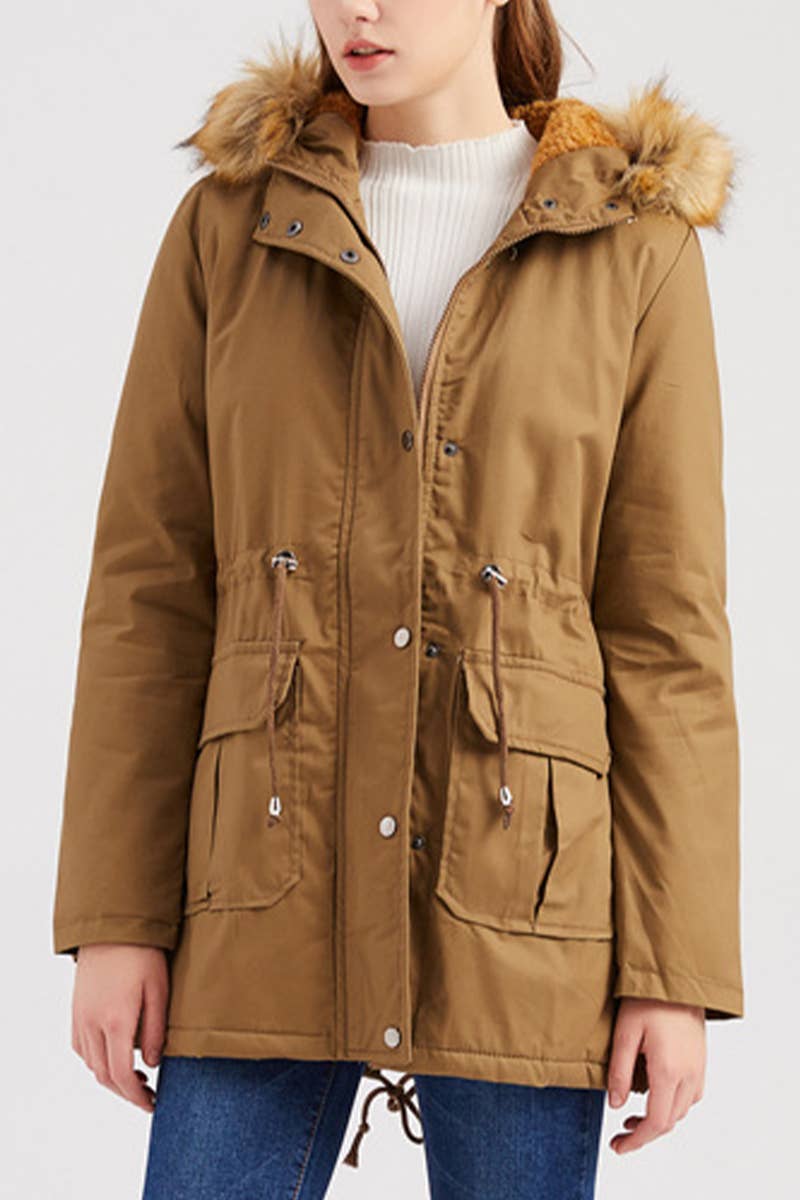 HOODED FUR COLLAR AND FLEECE PADDED JACKET
