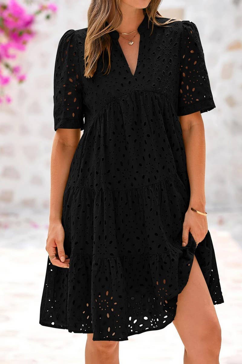 CWDSD8527_V-NECK HOLLOW LACE ELEGANT A-LINE DRESS