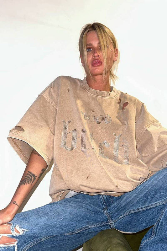 Cwtts1283_Letter Hole Loose Short-Sleeved T-Shirt