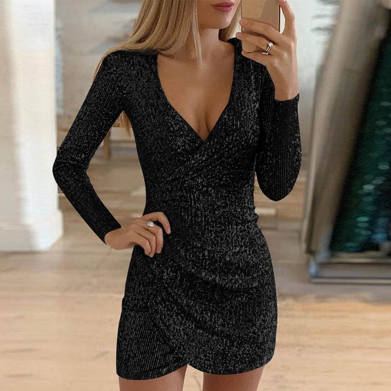 Sexy V-neck,hip-hugging,irregular sequined dress