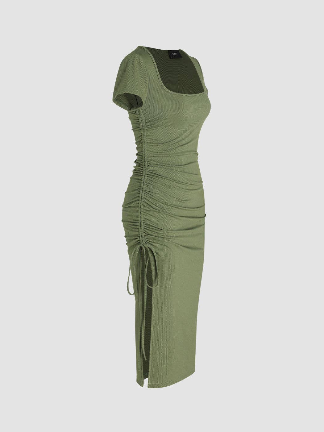 Knitted square neck cinched waist slit dress