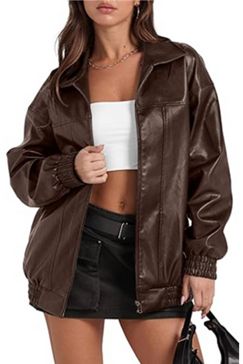 CWOCO1150_LAPEL ZIPPER SIDE POCKET PU LEATHER JACKET