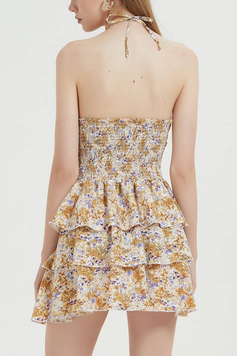 CWDHL1031_FLORAL HALTER WAIST RUCHED PUFF ROMPER DRESS