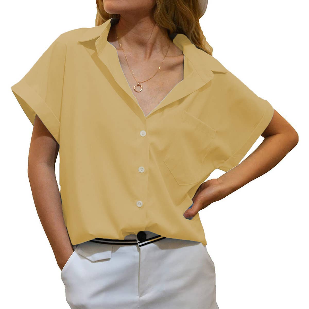 V-NECK BUTTON-DOWN SHIRT TOP